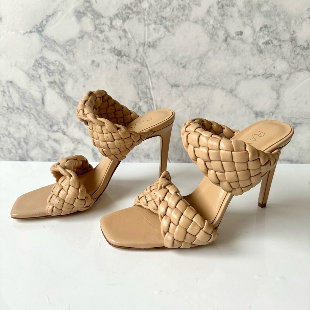 Raye Jorden Nude Woven Leather Twisted Strap Heeled Mules Size 8.5